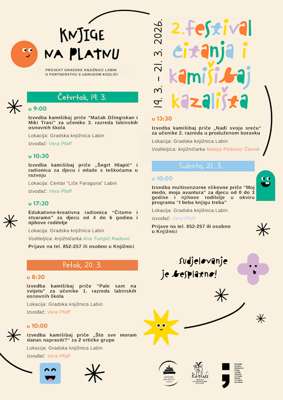 „Knjige na platnu“ – 2. festival čitanja i kamišibaj kazališta  u Gradskoj knjižnici Labin 19. - 21. 3. 2026.